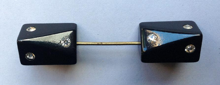 art deco circa 1920-30's double ended jet or early plastic hat pin set with 12 diamantes